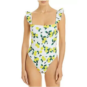 Aqua Swim Ruffled Lemon Print One Piece Swimsuit White Size XS